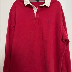 Vintage Ralph Lauren Red and White XL Men's Classic Rugby Shirt WithElbowPatches